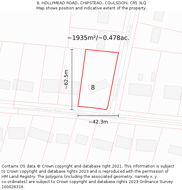 8, HOLLYMEAD ROAD, CHIPSTEAD, COULSDON, CR5 3LQ: Plot and title map