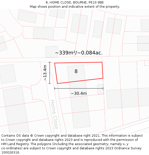 8, HOME CLOSE, BOURNE, PE10 9BE: Plot and title map