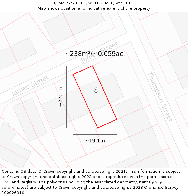 8, JAMES STREET, WILLENHALL, WV13 1SS: Plot and title map
