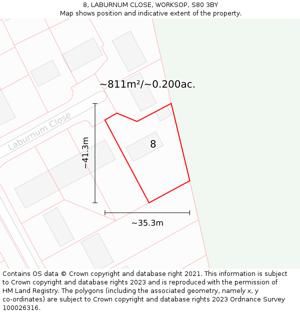 8, LABURNUM CLOSE, WORKSOP, S80 3BY: Plot and title map