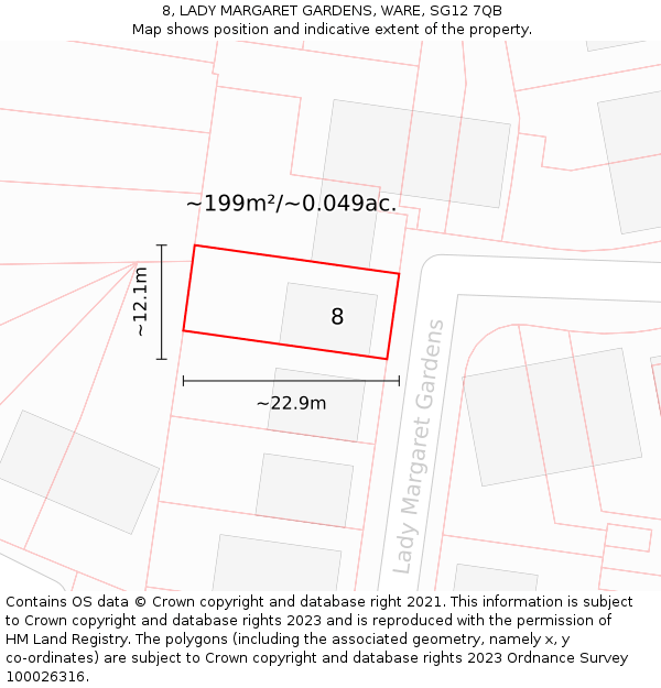 8, LADY MARGARET GARDENS, WARE, SG12 7QB: Plot and title map