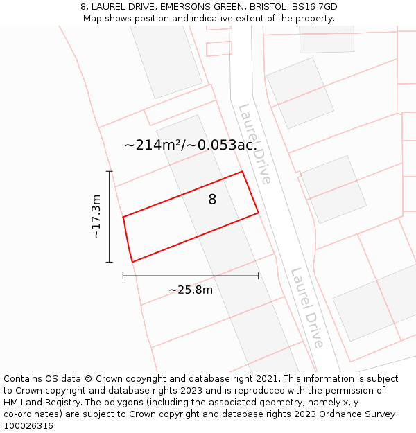 8, LAUREL DRIVE, EMERSONS GREEN, BRISTOL, BS16 7GD: Plot and title map