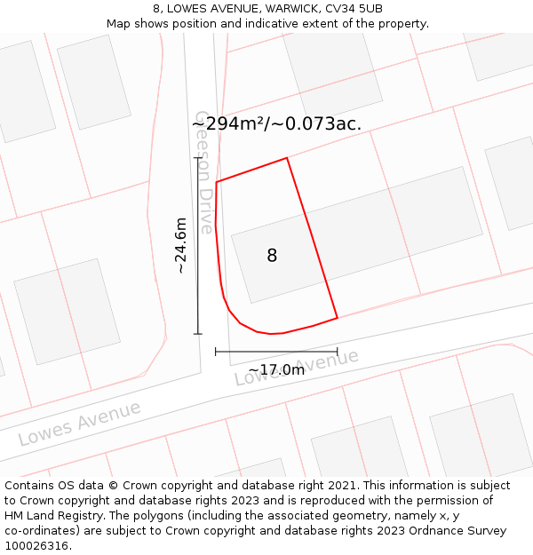 8, LOWES AVENUE, WARWICK, CV34 5UB: Plot and title map