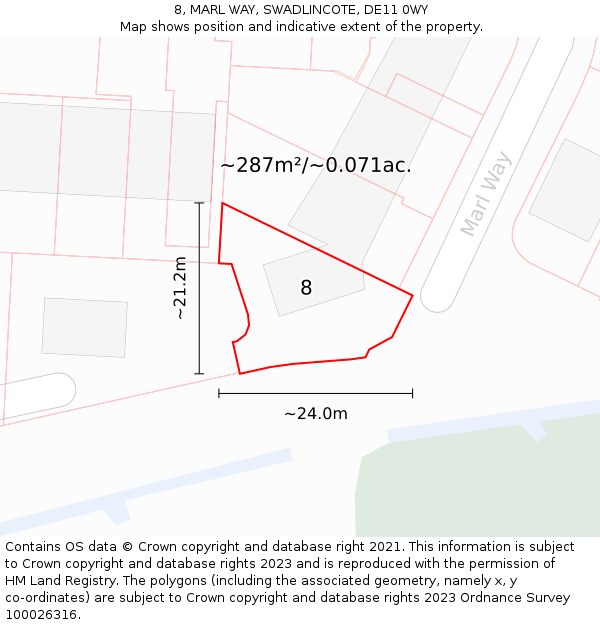 8, MARL WAY, SWADLINCOTE, DE11 0WY: Plot and title map