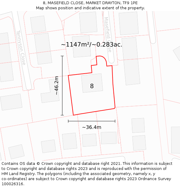 8, MASEFIELD CLOSE, MARKET DRAYTON, TF9 1PE: Plot and title map