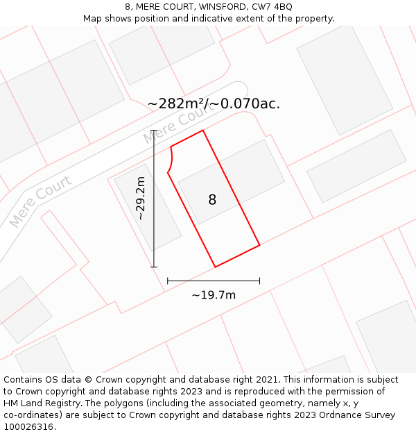 8, MERE COURT, WINSFORD, CW7 4BQ: Plot and title map