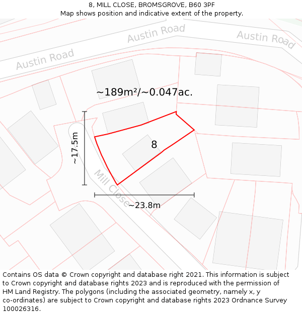 8, MILL CLOSE, BROMSGROVE, B60 3PF: Plot and title map