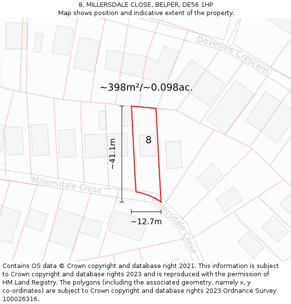 8, MILLERSDALE CLOSE, BELPER, DE56 1HP: Plot and title map