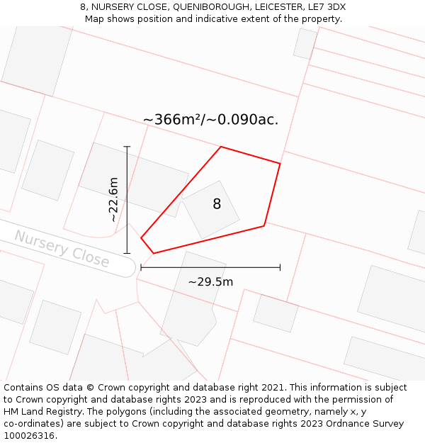 8, NURSERY CLOSE, QUENIBOROUGH, LEICESTER, LE7 3DX: Plot and title map