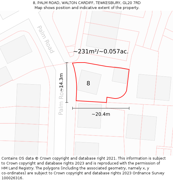 8, PALM ROAD, WALTON CARDIFF, TEWKESBURY, GL20 7RD: Plot and title map