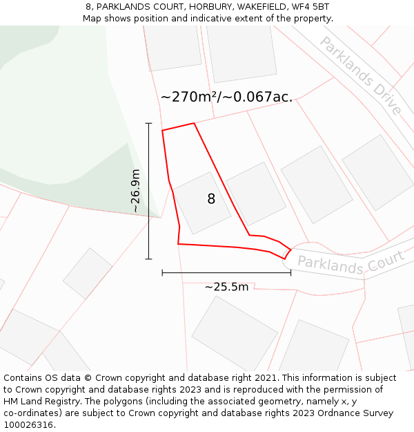 8, PARKLANDS COURT, HORBURY, WAKEFIELD, WF4 5BT: Plot and title map