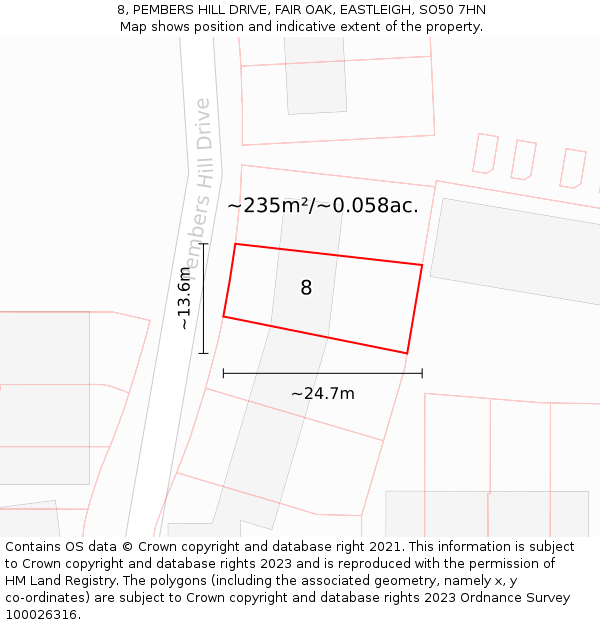 8, PEMBERS HILL DRIVE, FAIR OAK, EASTLEIGH, SO50 7HN: Plot and title map