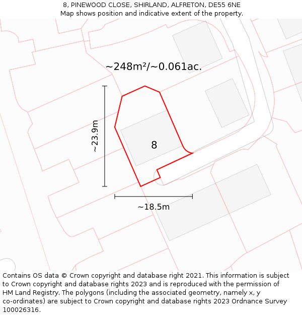 8, PINEWOOD CLOSE, SHIRLAND, ALFRETON, DE55 6NE: Plot and title map