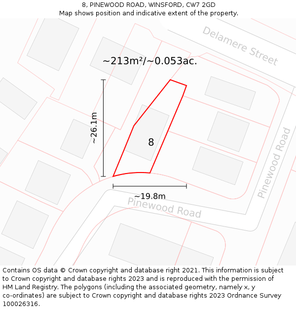 8, PINEWOOD ROAD, WINSFORD, CW7 2GD: Plot and title map
