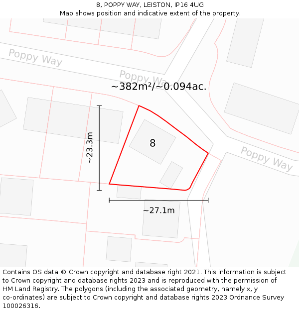 8, POPPY WAY, LEISTON, IP16 4UG: Plot and title map