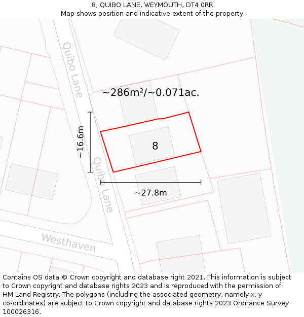 8, QUIBO LANE, WEYMOUTH, DT4 0RR: Plot and title map