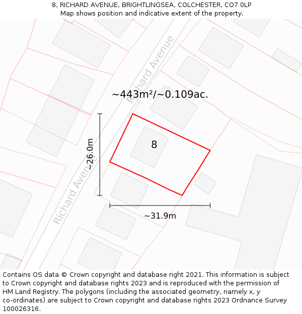 8, RICHARD AVENUE, BRIGHTLINGSEA, COLCHESTER, CO7 0LP: Plot and title map