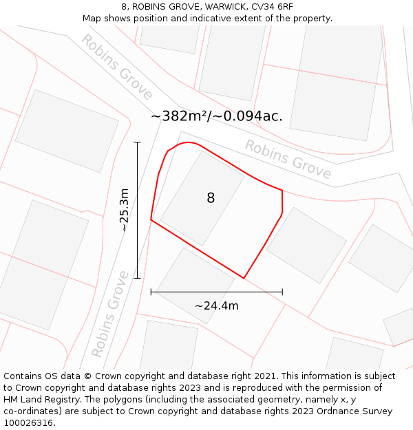 8, ROBINS GROVE, WARWICK, CV34 6RF: Plot and title map