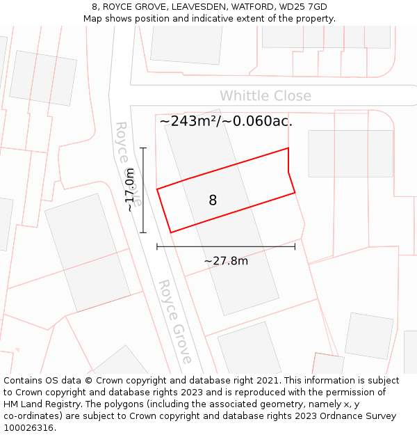 8, ROYCE GROVE, LEAVESDEN, WATFORD, WD25 7GD: Plot and title map