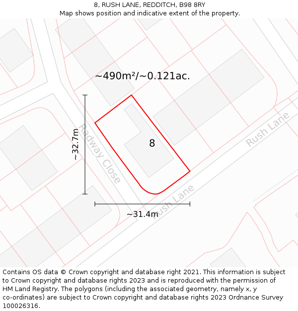 8, RUSH LANE, REDDITCH, B98 8RY: Plot and title map