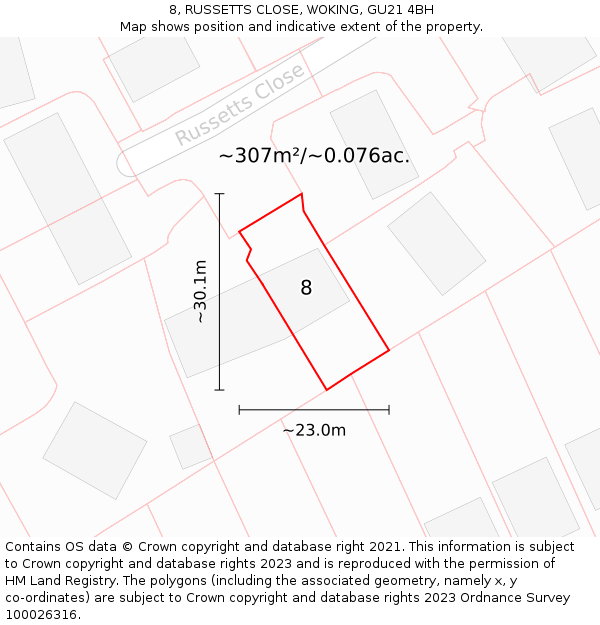 8, RUSSETTS CLOSE, WOKING, GU21 4BH: Plot and title map