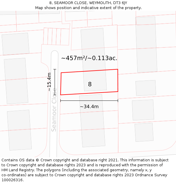 8, SEAMOOR CLOSE, WEYMOUTH, DT3 6JY: Plot and title map