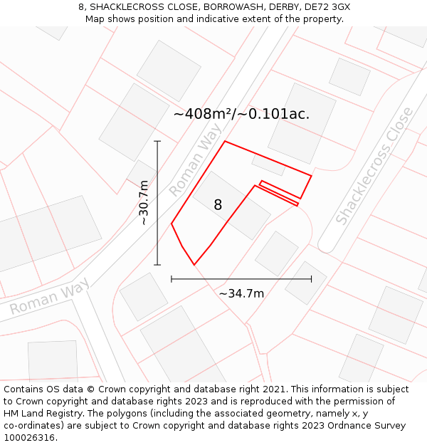 8, SHACKLECROSS CLOSE, BORROWASH, DERBY, DE72 3GX: Plot and title map