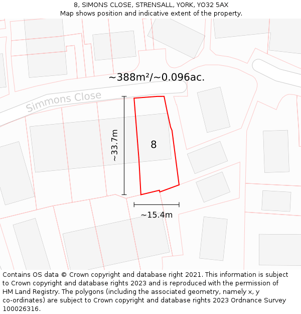 8, SIMONS CLOSE, STRENSALL, YORK, YO32 5AX: Plot and title map