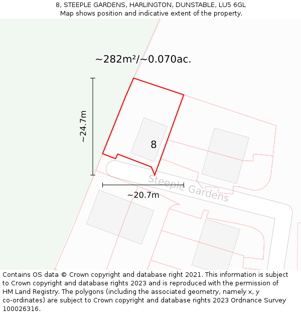 8, STEEPLE GARDENS, HARLINGTON, DUNSTABLE, LU5 6GL: Plot and title map