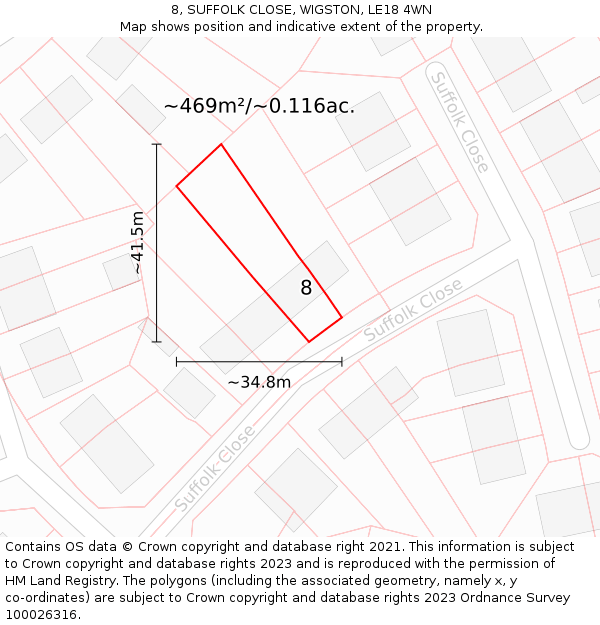 8, SUFFOLK CLOSE, WIGSTON, LE18 4WN: Plot and title map