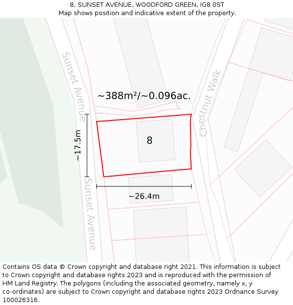 8, SUNSET AVENUE, WOODFORD GREEN, IG8 0ST: Plot and title map