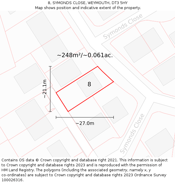 8, SYMONDS CLOSE, WEYMOUTH, DT3 5HY: Plot and title map