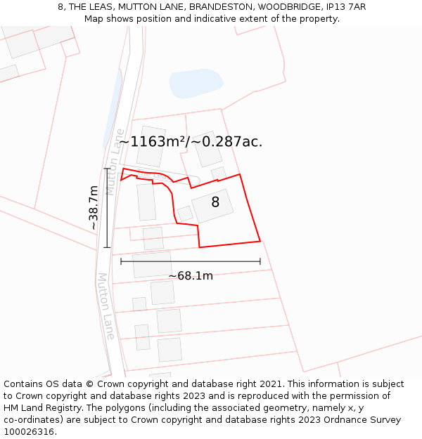 8, THE LEAS, MUTTON LANE, BRANDESTON, WOODBRIDGE, IP13 7AR: Plot and title map