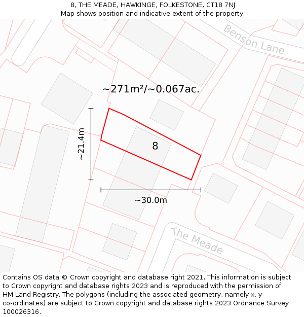 8, THE MEADE, HAWKINGE, FOLKESTONE, CT18 7NJ: Plot and title map