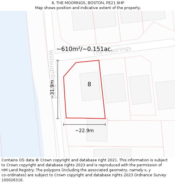 8, THE MOORINGS, BOSTON, PE21 9HP: Plot and title map