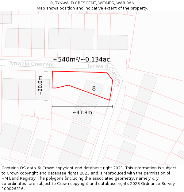 8, TYNWALD CRESCENT, WIDNES, WA8 9AN: Plot and title map