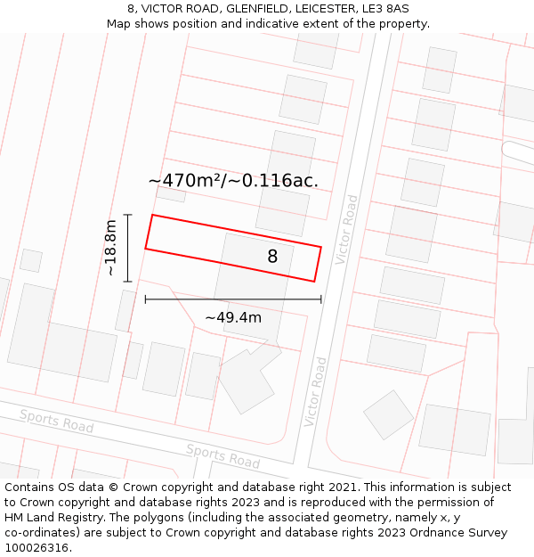 8, VICTOR ROAD, GLENFIELD, LEICESTER, LE3 8AS: Plot and title map