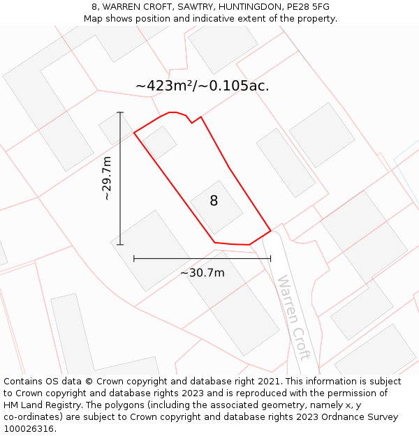 8, WARREN CROFT, SAWTRY, HUNTINGDON, PE28 5FG: Plot and title map