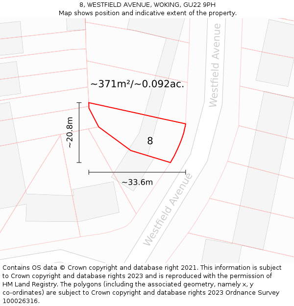 8, WESTFIELD AVENUE, WOKING, GU22 9PH: Plot and title map