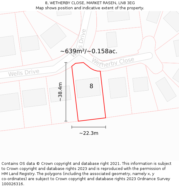 8, WETHERBY CLOSE, MARKET RASEN, LN8 3EG: Plot and title map