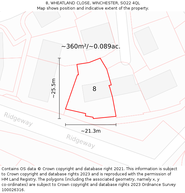 8, WHEATLAND CLOSE, WINCHESTER, SO22 4QL: Plot and title map