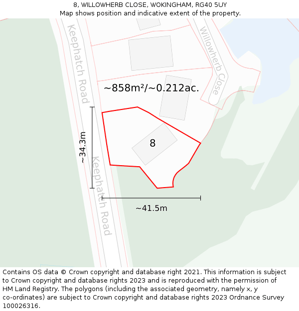 8, WILLOWHERB CLOSE, WOKINGHAM, RG40 5UY: Plot and title map