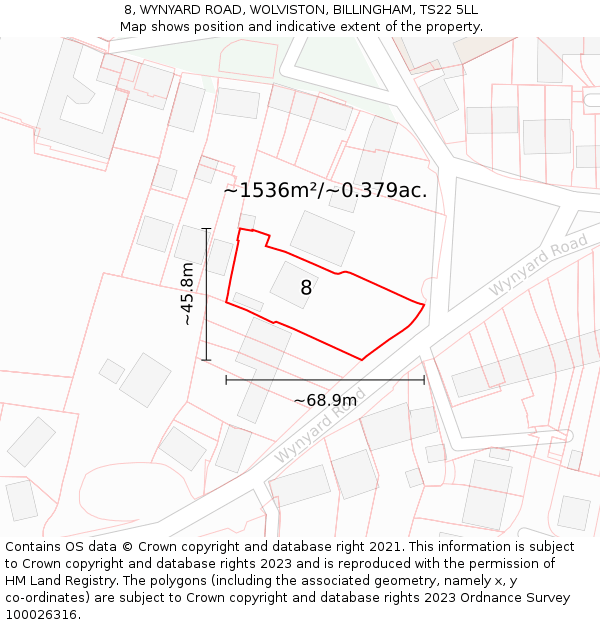 8, WYNYARD ROAD, WOLVISTON, BILLINGHAM, TS22 5LL: Plot and title map