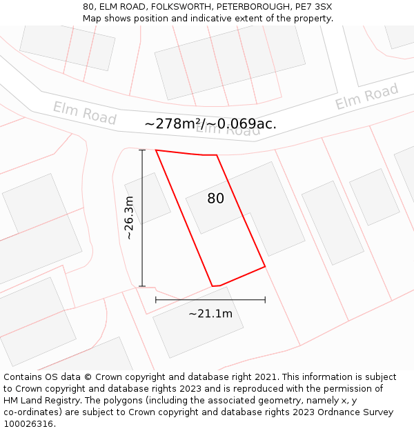 80, ELM ROAD, FOLKSWORTH, PETERBOROUGH, PE7 3SX: Plot and title map