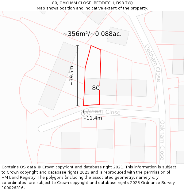 80, OAKHAM CLOSE, REDDITCH, B98 7YQ: Plot and title map