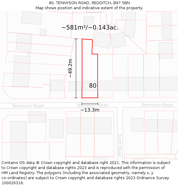 80, TENNYSON ROAD, REDDITCH, B97 5BN: Plot and title map