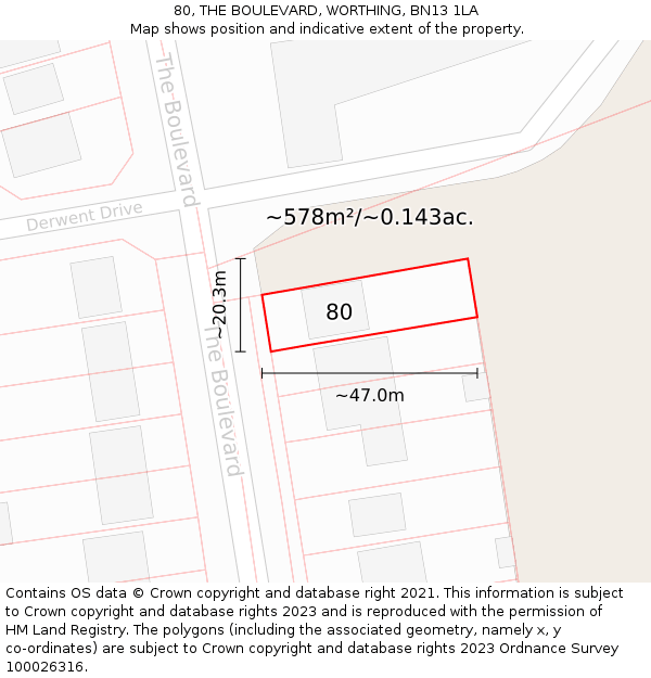 80, THE BOULEVARD, WORTHING, BN13 1LA: Plot and title map