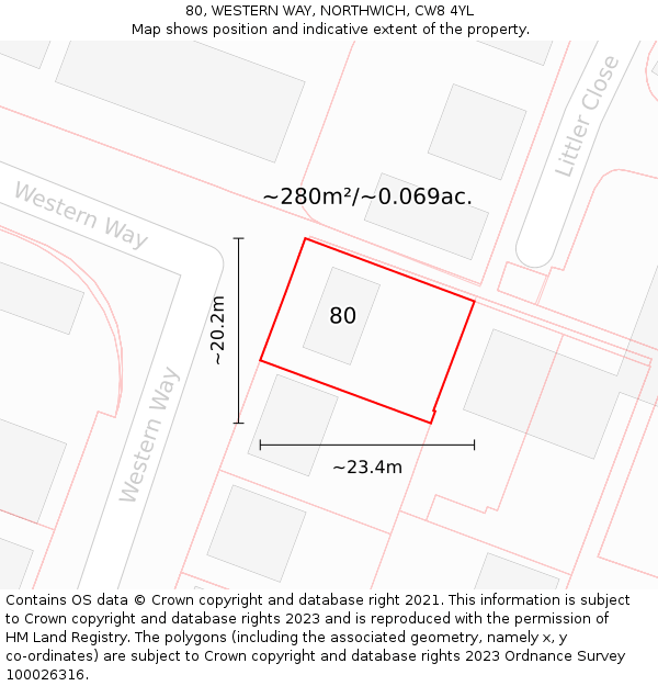 80, WESTERN WAY, NORTHWICH, CW8 4YL: Plot and title map