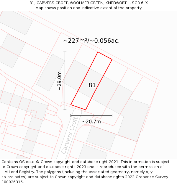 81, CARVERS CROFT, WOOLMER GREEN, KNEBWORTH, SG3 6LX: Plot and title map