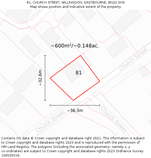 81, CHURCH STREET, WILLINGDON, EASTBOURNE, BN22 0HS: Plot and title map